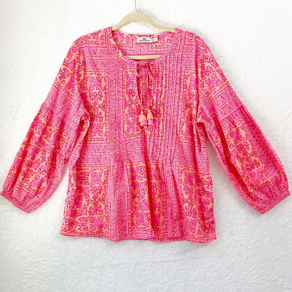 Vineyard Vines Pink and Gold Printed Peasant Top with Tassel Tie